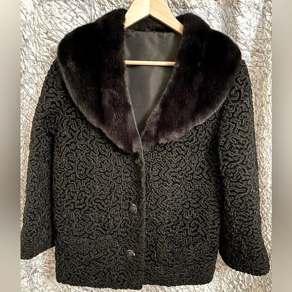 1950’s curly lambs wool jacket w fur collar Black Vintage - Picture 1 of 8